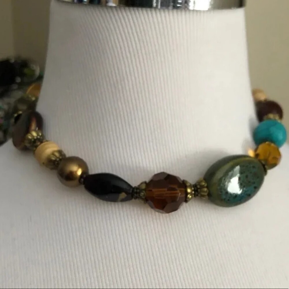 Earth Tone Bead Necklace Antiqued Gold Tone Chain